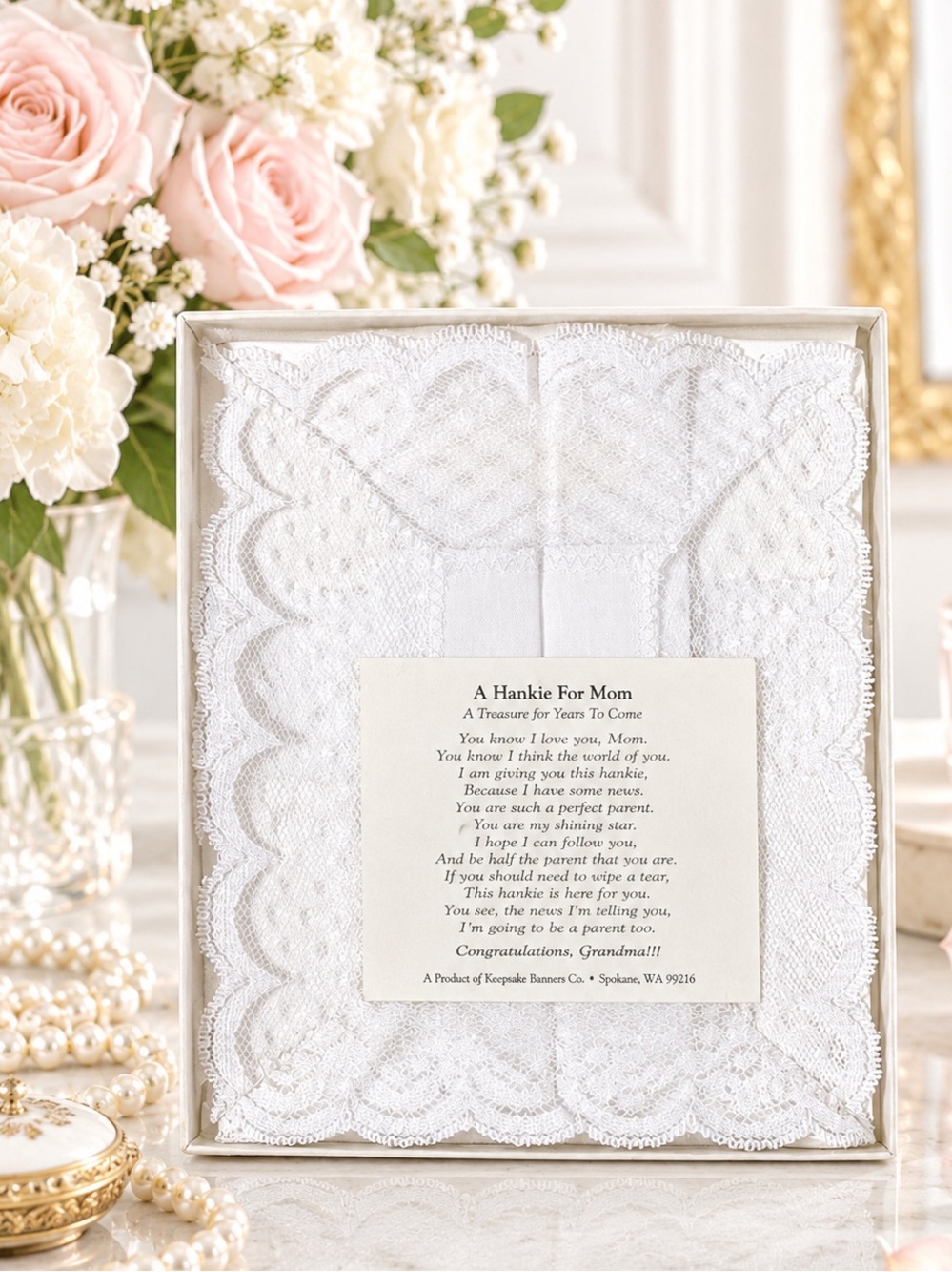 Pregnancy Reveal Heirloom Lace Handkerchief Baby Announcement Mother New Grandma